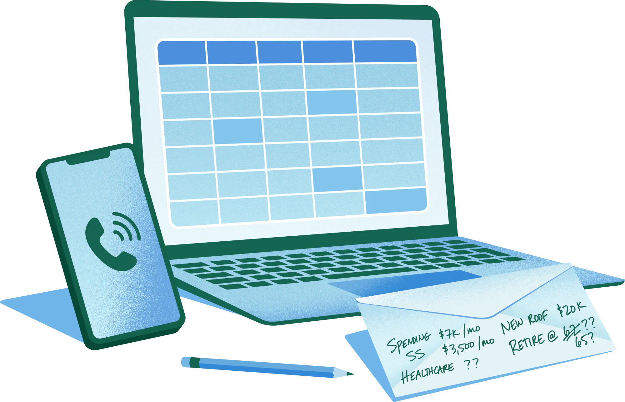 Laptop spreadsheet beside retirement calculations written on the back of an envelope.